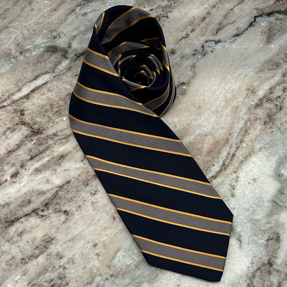 Brooks Brothers Makers Repp Neck Tie Silk Navy Gray Gold Standard Size